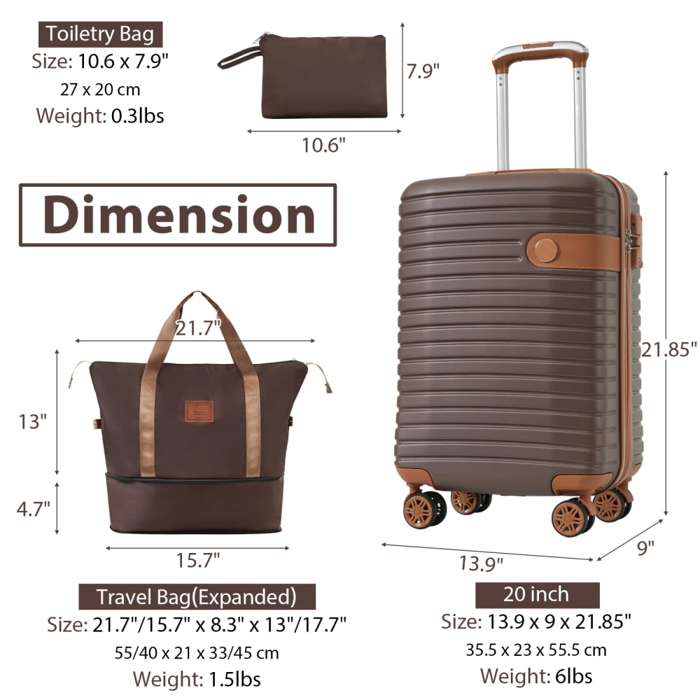 Tcbosik 3 Piece Carry on Luggage Set with Spinner Wheels and TSA Lock, 20 inch Lightweight Suitcase with Travel Bag and Toiletry Bag, Brown