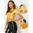 thumbnail image 2 of DARING DIVA Women's Mock Neck Short Sleeve Metallic Crop Tops T-Shirts S Gold, 2 of 6