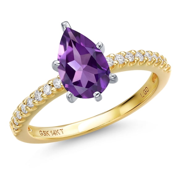 Gem Stone King 14K Two Tone Gold Purple Amethyst and Lab Grown Diamond Engagement Ring for Women | 1.25 Cttw | Pear Shape 9X6MM | Gemstone February Birthstone | Size 8