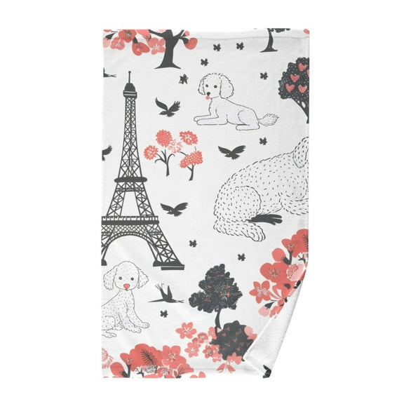 Paris and Poodle Dog Flower Cotton Face Towels Absorbent Hand Towel Soft Bathroom Towel for Kitchen Hotel Decoration