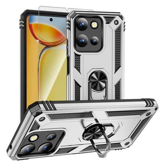 Decase Compatible with Moto G 5G(2025) Case 1-Pack Tempered Screen Protector, Military Grade Drop Protection Cover with 360° Rotating Kickstand, Heavy Duty Shockproof Rugged Phone Case,Silver
