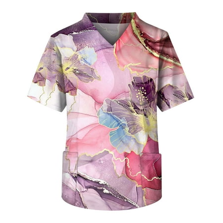 

Mlqidk Scrub Tops Men Marble Print Scrub Shirt Tops Short Sleeve V Neck Pocket Working Uniform Medical Workwear Pink XXL