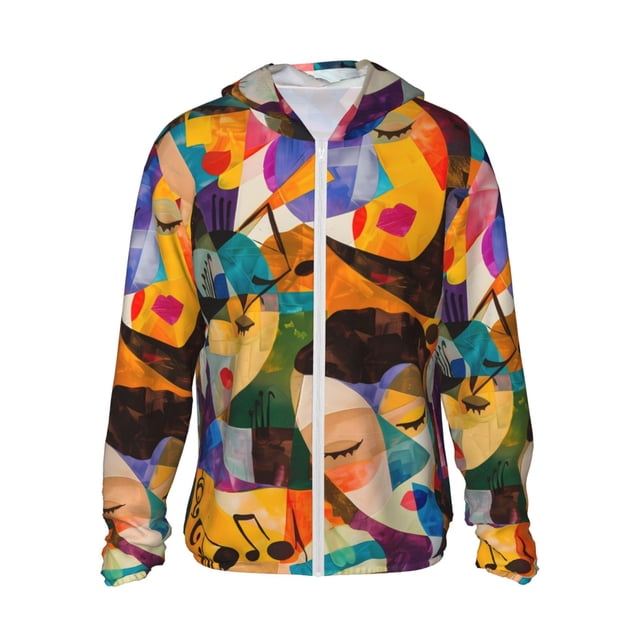 Vsdgher Abstract Musical Faces Print Adult Hoodie Shirts Rash Guard for Men Women,Long Sleeve Sun Protection Fishing Shirts for Athletic Running Swim-Small