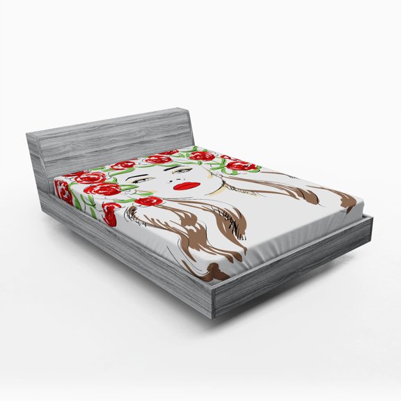 Ambesonne Flower Fitted Sheet, Lady with Floral Ornament, Full Size, Green Red Tan