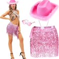 thumbnail image 7 of Jiibva 4Pcs/Set Fluffy Feather Brim Cowboy Hat with Heart Sunglasses Scarf Sequin Dance Dress Set for Women, 7 of 7