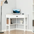 thumbnail image 2 of HOMCOM Corner Desk, Triangle Computer Desk with Drawer and Storage Shelves for Small Spaces, Home Office Workstation for Living Room, or Bedroom, White, 2 of 8