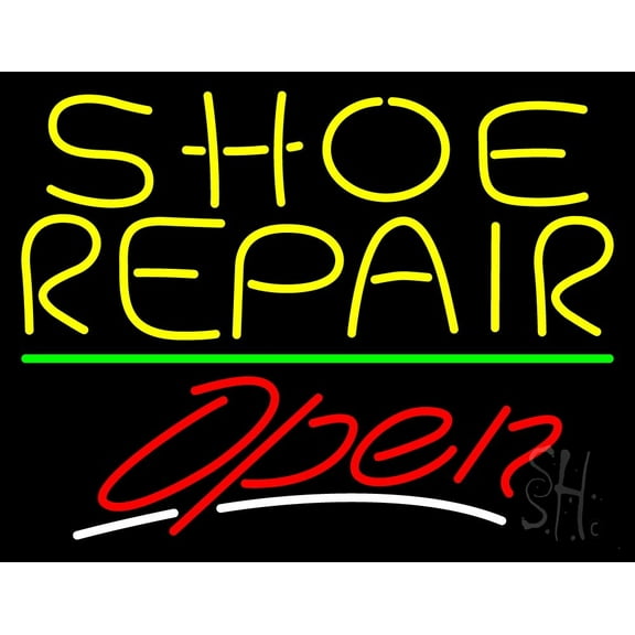 Yellow Shoe Repair Open With Green Line LED Neon Sign 15 x 19 - inches, Black Square Cut Acrylic Backing, with Dimmer - Bright and Premium built indoor LED Neon Sign for store Décor, Storefront.