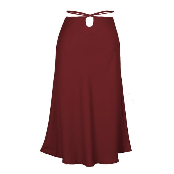 Midi Skirts for Women High Waist Bandage Solid Color Satin Silk Flare A  Line Skirts for Business Casual 