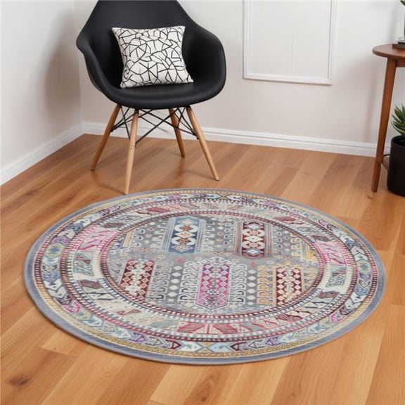 HomeRoots 552347 6 ft. Floral Distressed Round Rug, Ivory, Gray & Red