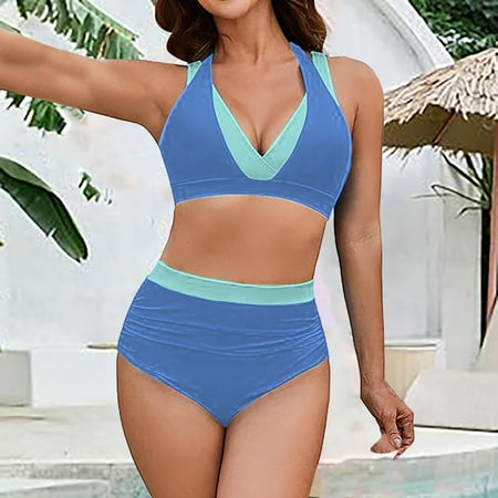 Ovticza Womens High Waisted Thong Bikini Sets Sexy Brazilian Triangle Top Halter V Neck Two Piece Swimsuit Color Block Bathing Suits Royal Blue M