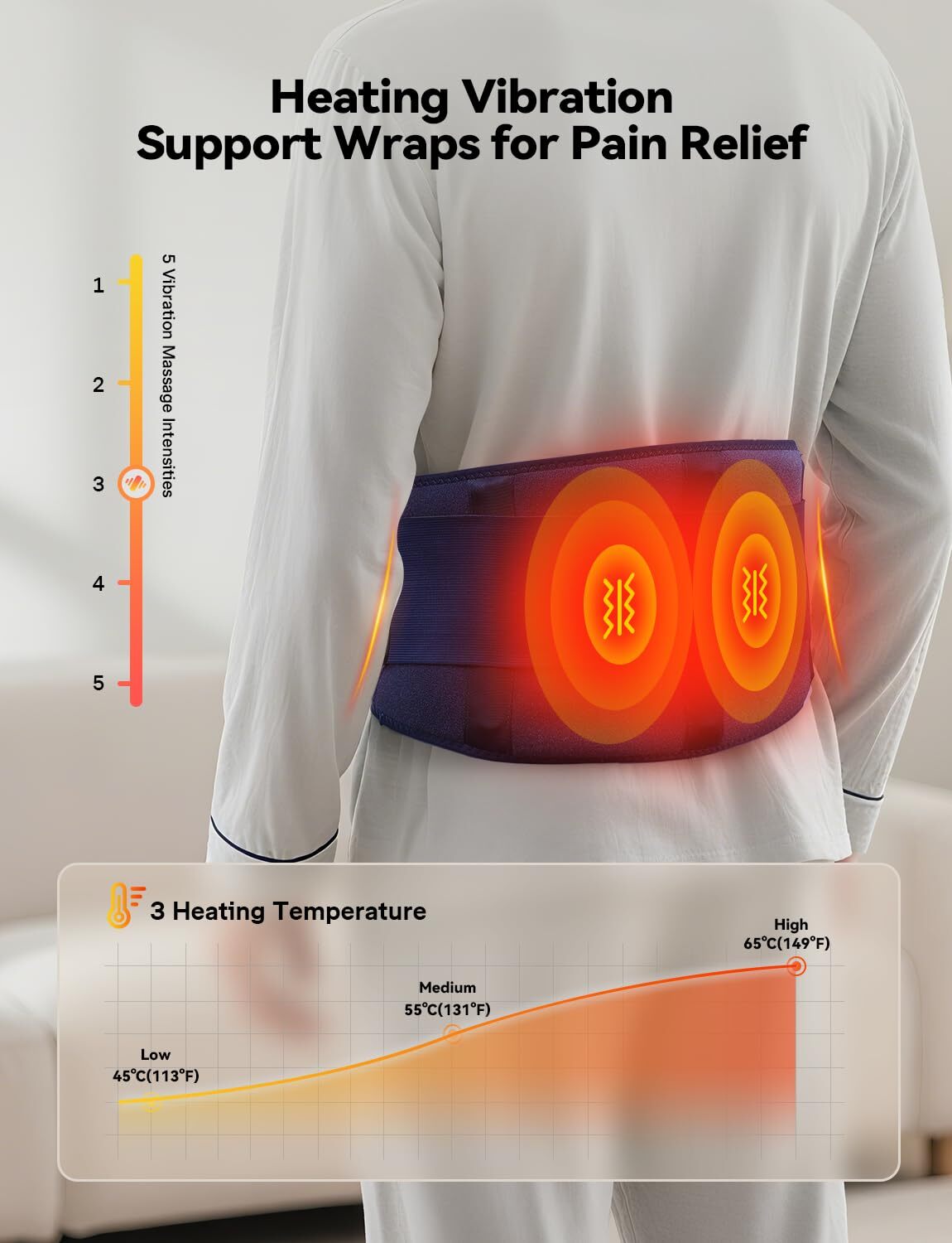 BURRKI Plug-in Heating Pad for Back Pain Relief, 47-60" Lower Back Massager with 3 Heat & 3 Timer & 5 Vibration, Heated Back Lumbar Support Belt for Cramps, Gift for Men & Women