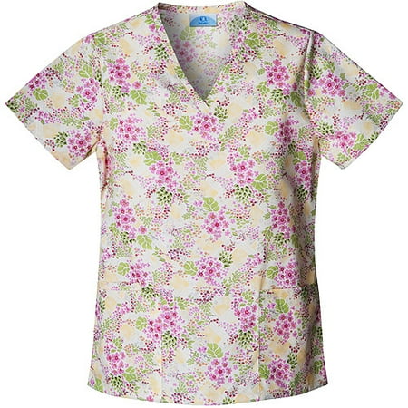 Shaped V-Neck Bias Plaid Floral Print Scrub Top