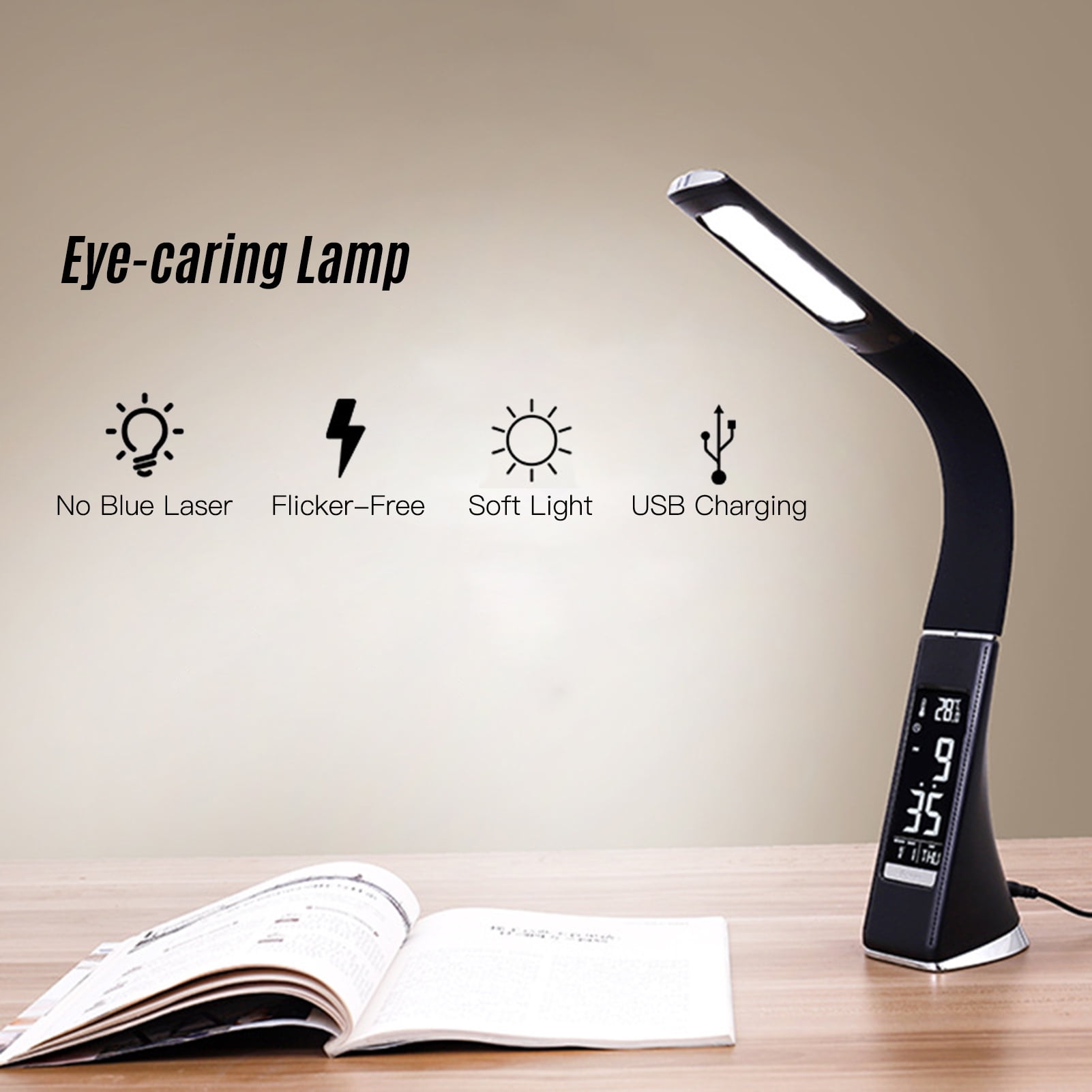 MIXFEER Multifunctional LED Desk Lamp Eye-Caring Table Lamp Adjustable Study Desk Light with Calendar Thermometer Time Alarm Clock Function Dimmable 3 Mode Light Touch Control for Office Home