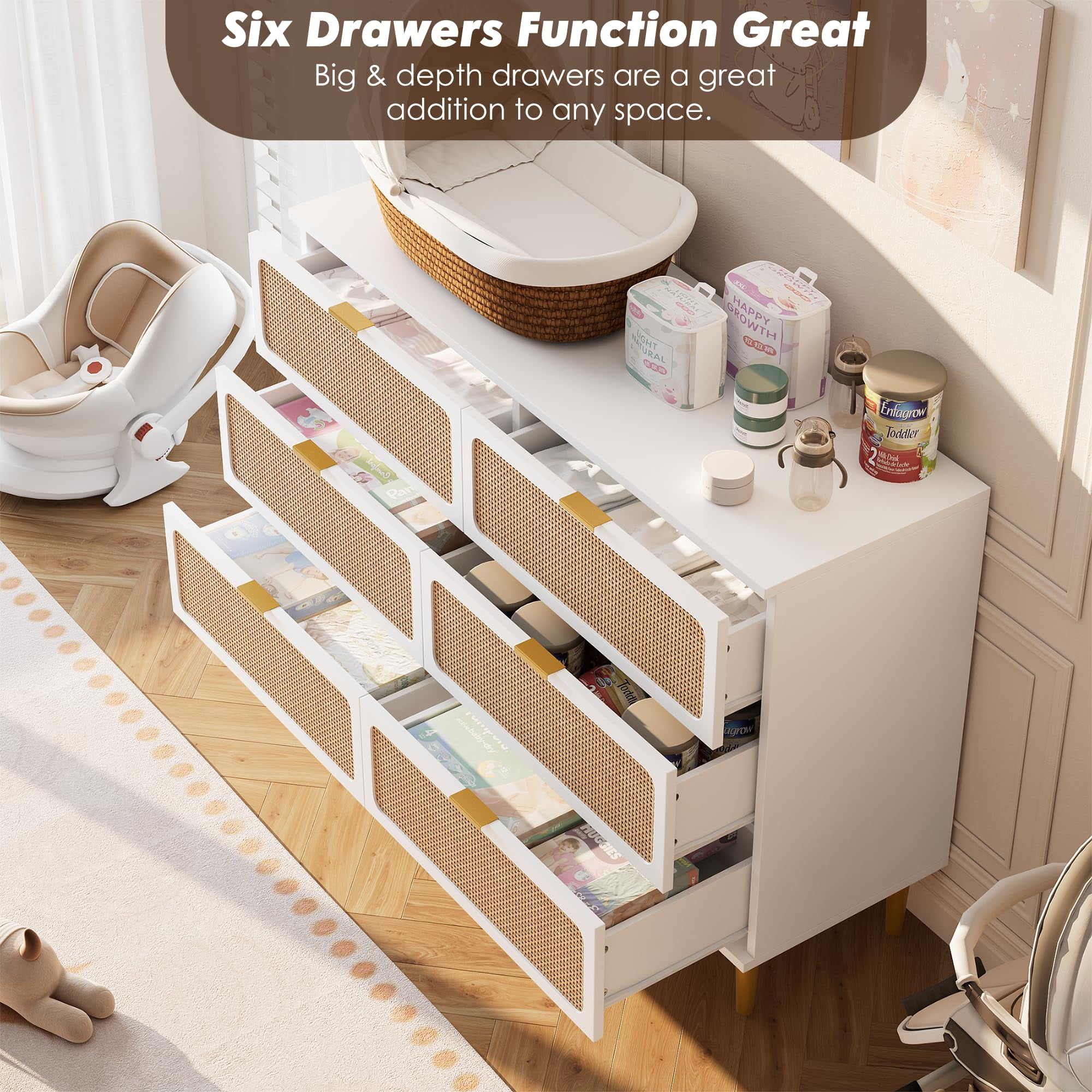 Senfot 6 Drawer Dresser for Bedroom, Large Modern Double Dresser for Closet with Wide Top, Rattan Chest of Drawers with Deep Drawers, Horizontal Wooden Dresser for Hallway, Living Room, White
