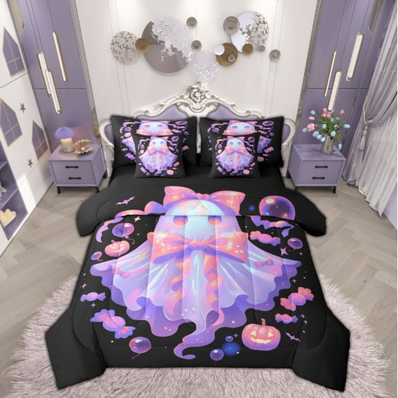 Manfei 3D Dreamy Ghost Twin Bedding Sets 7-Piece for Kid, Sugar Halloween Style Bedding Comforter Set, Kawaii Pumpkin Bat Reversible Sheet Sets, Luxury Bedroom Decor