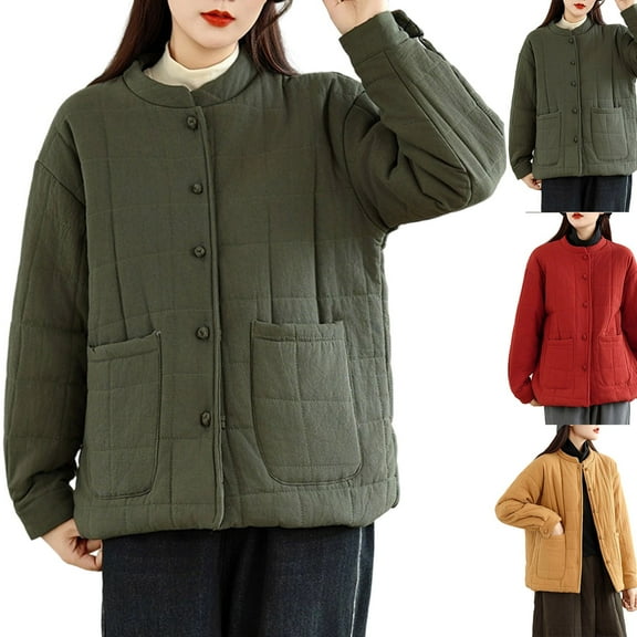 Fewfanhot Fall Jackets for Women Quilted Crew Neck Button Down Lightweight Puffer Padded Winter Outwear with Pockets