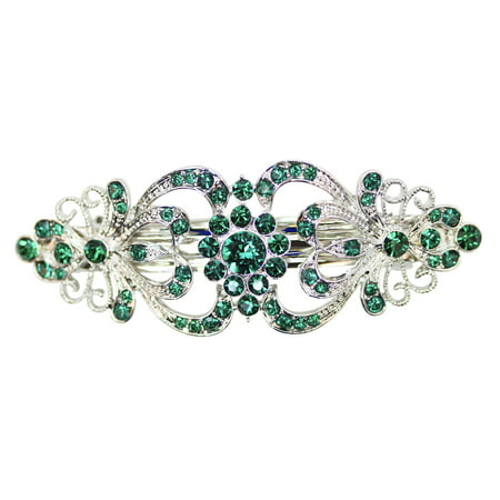 Faship Gorgeous Green Crystal Hearts And Floral Hair Barrette -