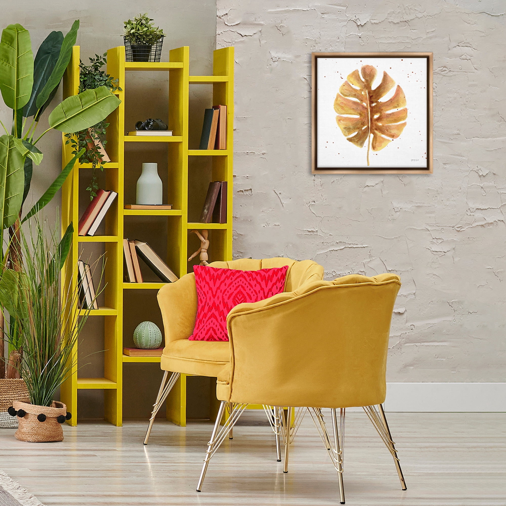 Stupell Industries Golden Palm Leaf Botanical & Floral Painting Brown Floater Framed Art Print Wall Art, 18 x 18