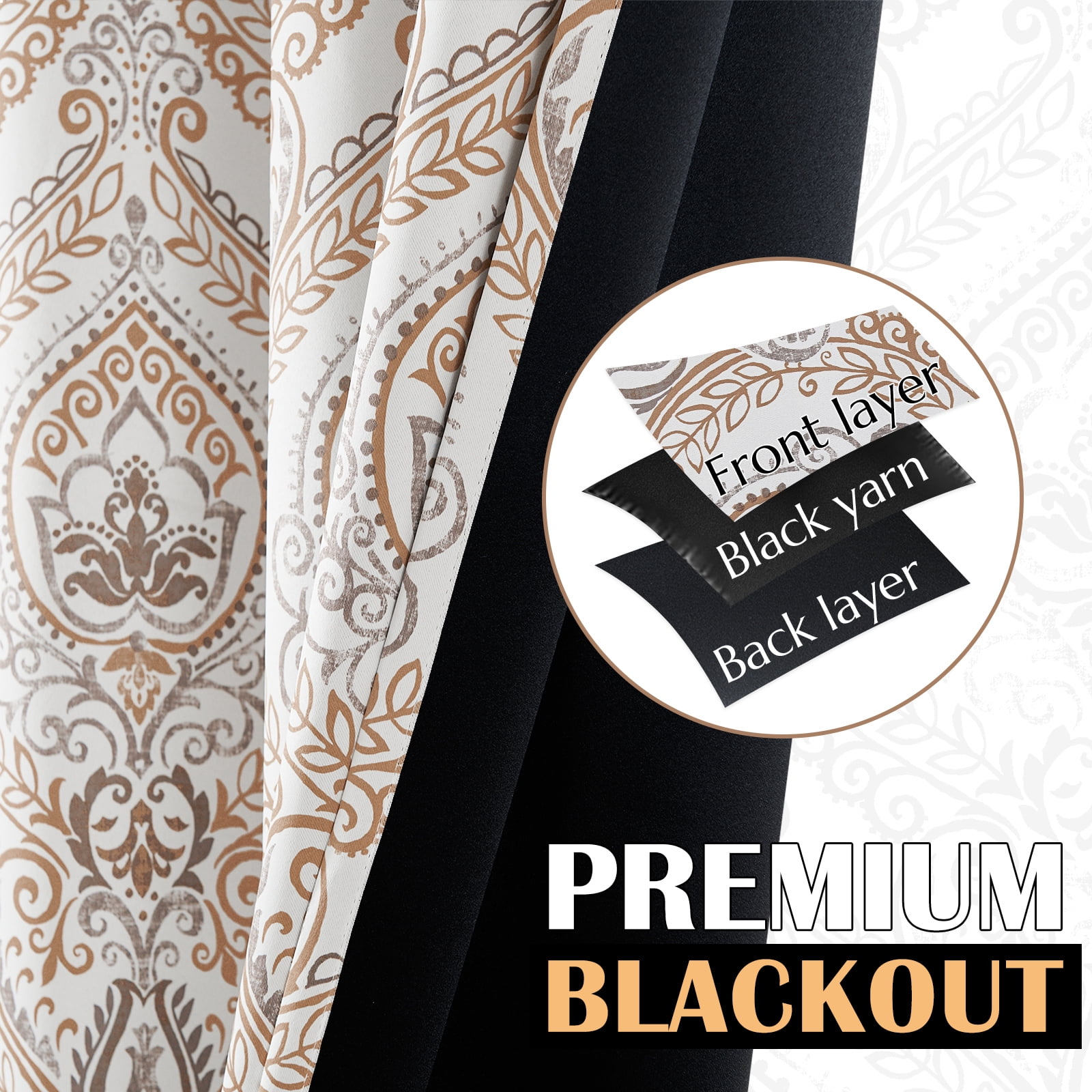 Curtainking 100% Blackout Curtains 63 in 2 Panels Taffy Damask Medallion Window Curtains for Bedroom Grommet Thermal Insulated Drapes for Living Room Vintage Luxury Window Treatments Set