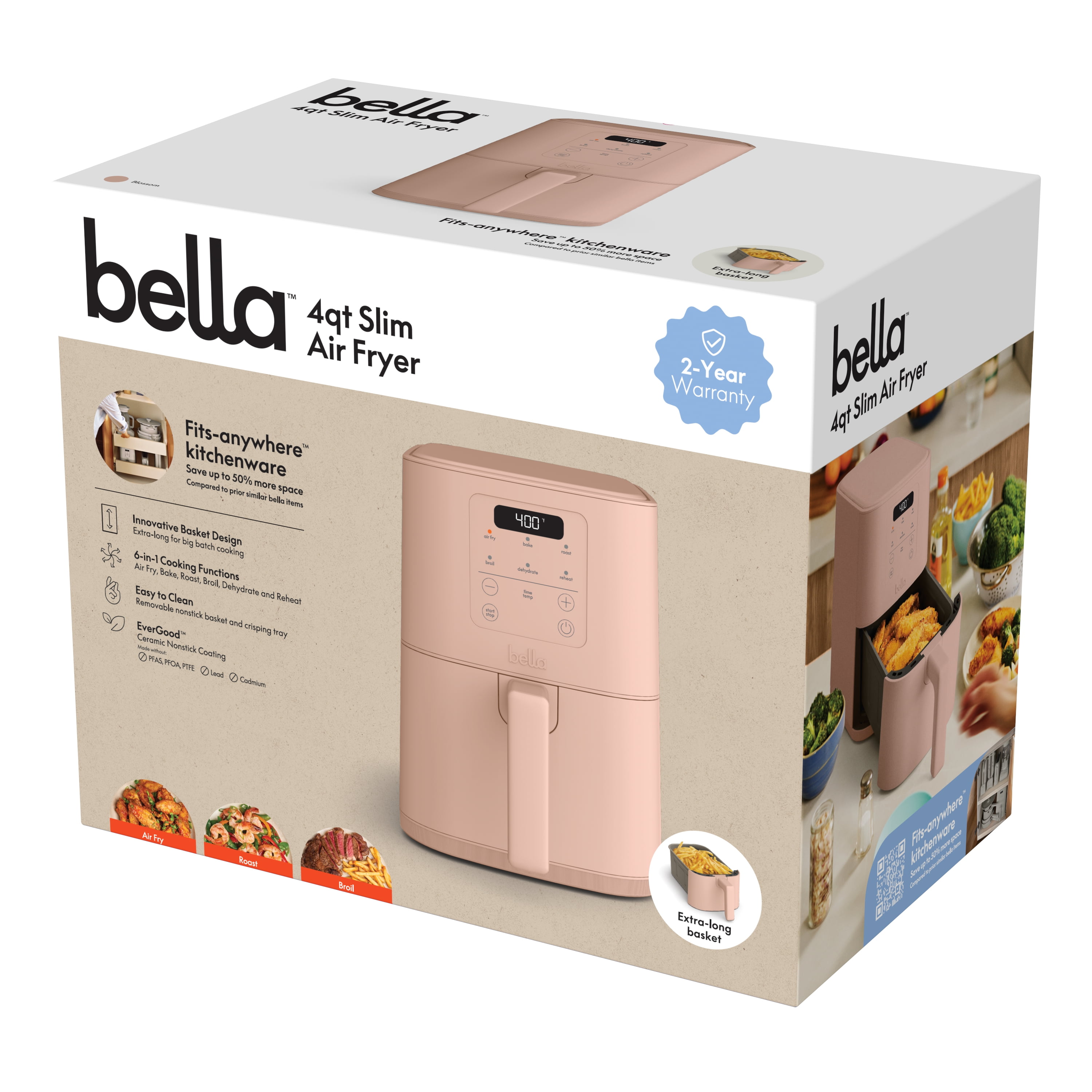 bella 4 Qt Slim Digital Air Fryer with EverGood™ Ceramic Nonstick Coating, 6 Preset Cooking Options, Blossom