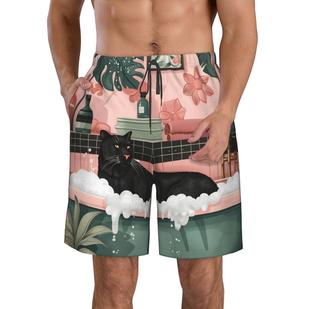 Balery Black Cat Pink Bathroom Traje de Baño Estilo Hawaiano para Hombre, Shorts de Secado Rápido con Bolsillos-X-Large