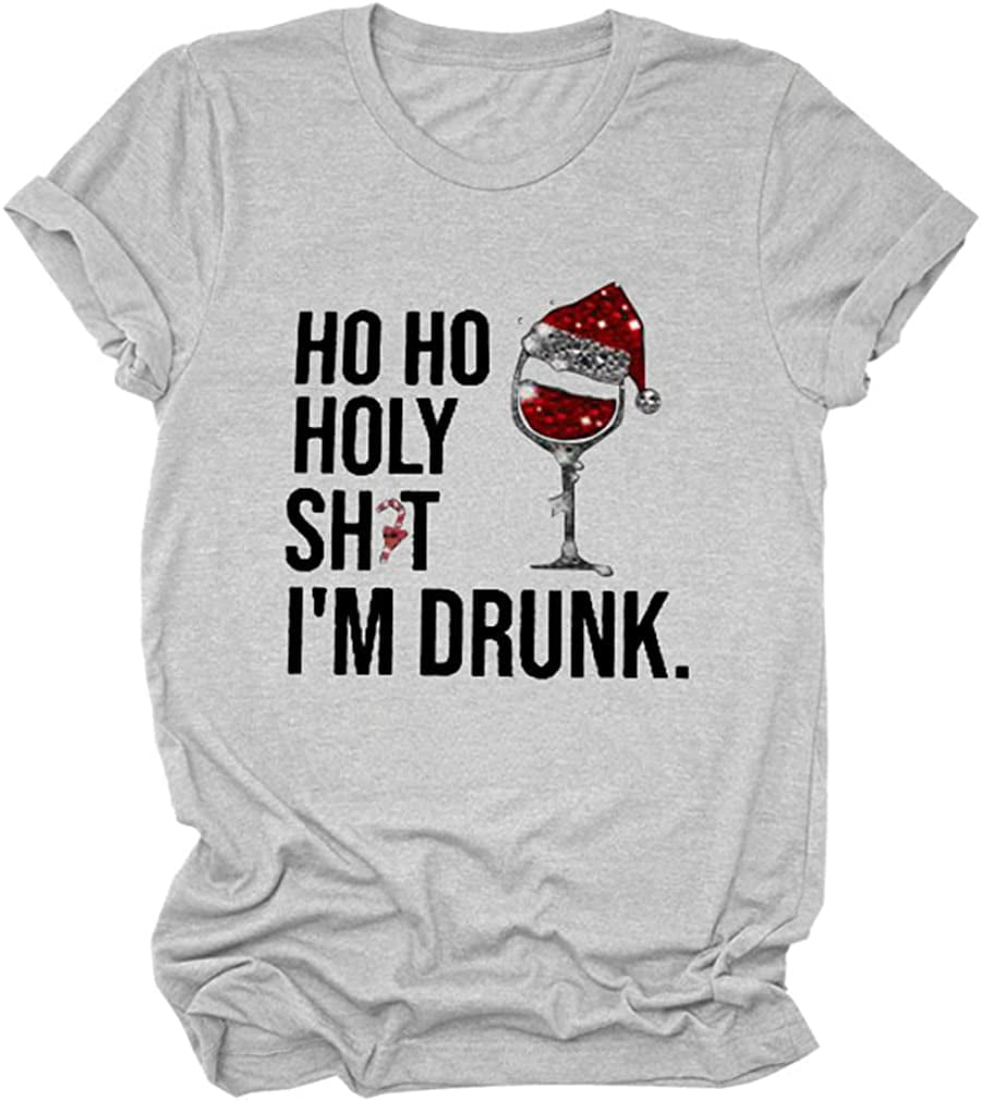Ho Ho Holy Shit I'M Drunk T Shirt Women Graphic Funny Christmas Tees Cute  Xmas Holiday Tops Light Grey Large 