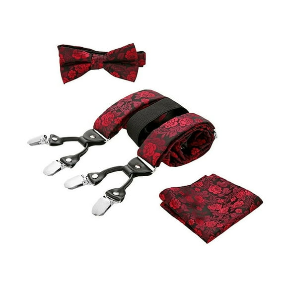 TELOLY Mens Adjustable Paisley Bow Tie, Pocket Square and Clips Suspenders, Red