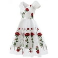 thumbnail image 3 of IBTOM CASTLE Women Vintage 1950s Embroidered Off Shoulder 3/4 Sleeves Flower Rose Wedding Cocktail Party Swing Gatsby Evening Short Gown S White - Short Sleeve, 3 of 8
