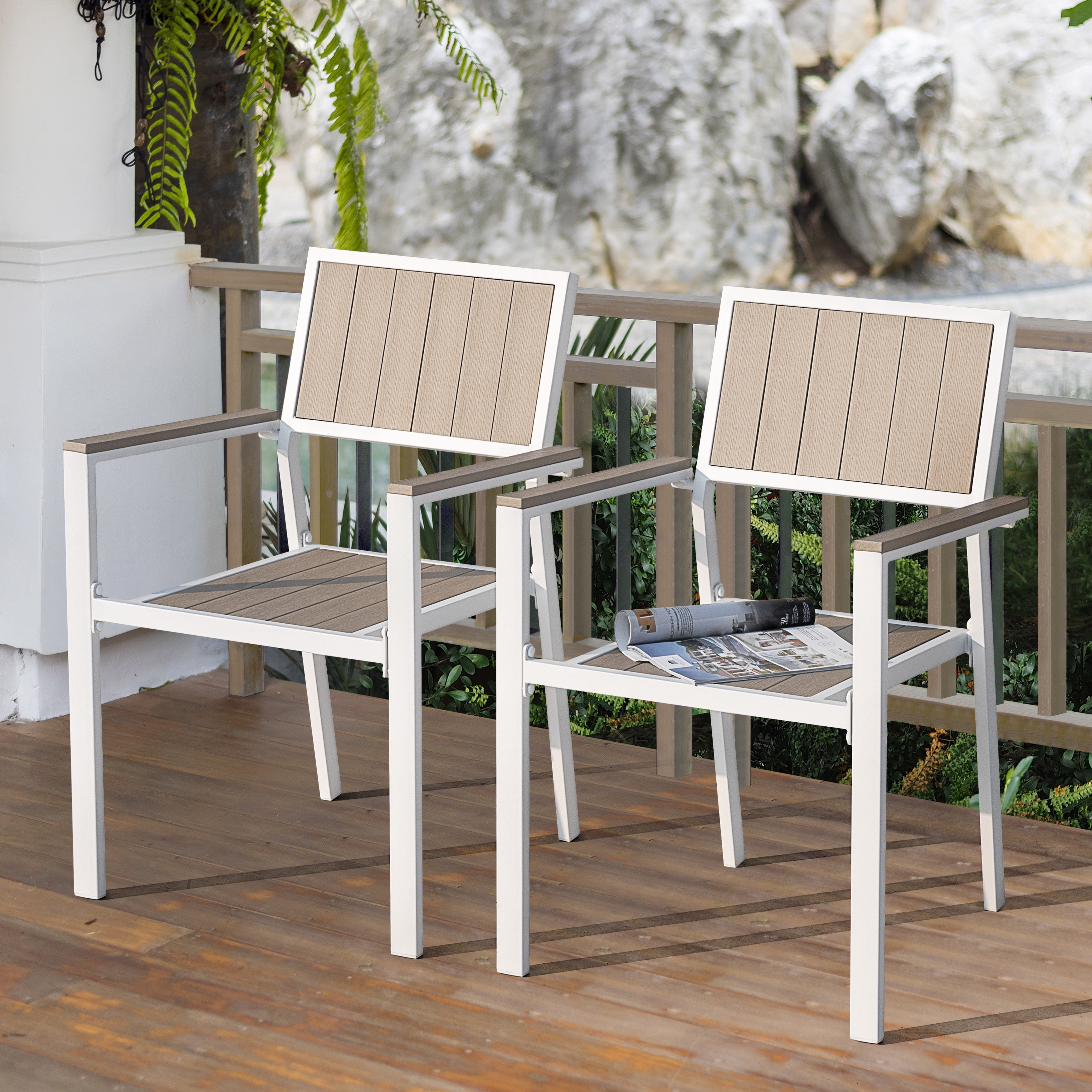 Nuu Garden Outdoor Stackable Chairs Lawn Chairs Set of 2 Faux Wood Patio Chairs Weather-Resistant Outdoor Dining Chairs for Outside Porch Backyard Deck Balcony, Light Brown