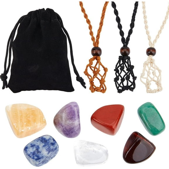 3Pcs Crystal Necklace Holder 7Pcs Reiki Stone Set 1Pc Velvet Bag Irregular Natural Stones Adjustable Waxed Cord Cage No Hole Gemstone Chakra Crystals Wrapped Pendants