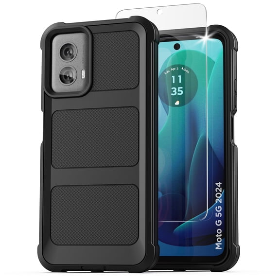 Encased Rugged Case for Moto G 5G 2024 Phone Case with Tempered Screen Protector, Protective Full Body Cover (Black)