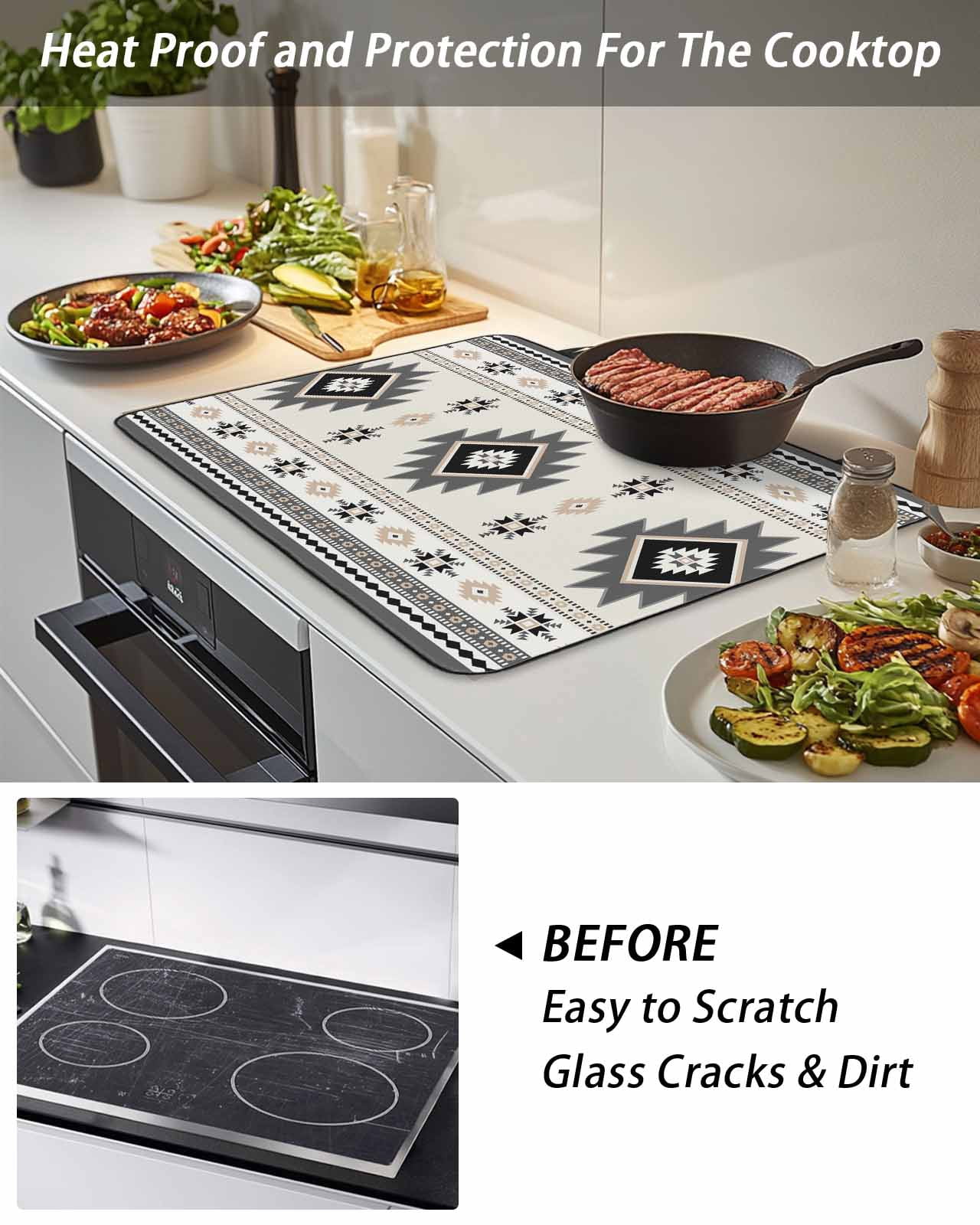 Stove Top Covers for Electric Stove, Gray Beige Boho Glass Stovetop Cover Protector, Ethnic Tribe Southwestern Vintage Induction Cooktop Protector Oven Mat for Kitchen Countertop 24"x21"