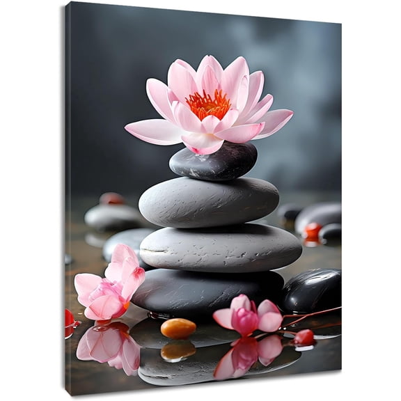 Zen Pink Floral Canvas Wall Art Water Lily and Zen Stone Wall Art Modern Spiritual Yoga Spa Picture Wall Decor Framed Wall Art for Bathroom Bedroom Office Wall Decor Painting,16L X 12W inches