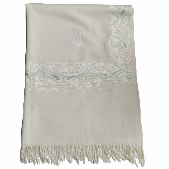 Ivory Long Big Long Woolen Scarf Fashionable Shawl Wrap Sunscreen with Ivory Paisley Motif Embroidery with Hand Knotted Tassels For Women, Girls