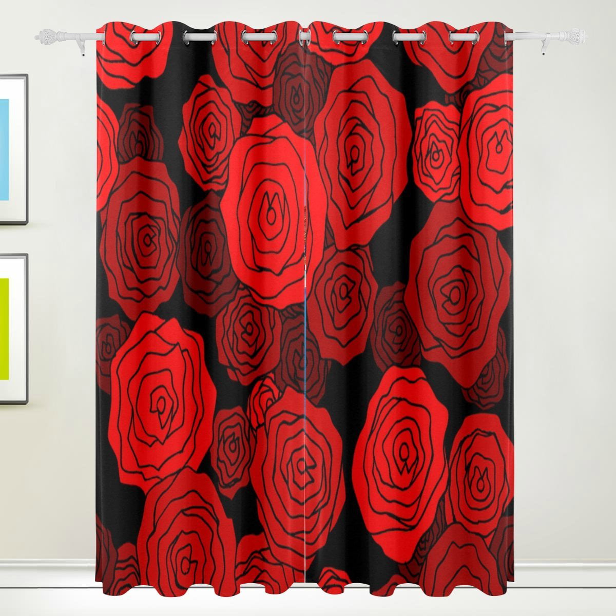 POPCreation Red Rose Pattern Window Curtain Blackout Curtains Darkening ...