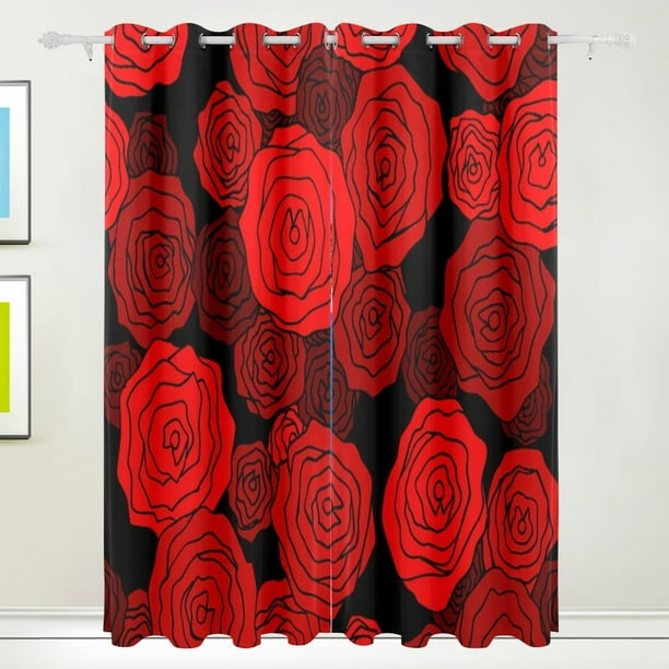 Popcreation Red Rose Pattern Window Curtain Blackout Curtains Darkening Thermal Blind For Bedroom Living Room 2 Panel 52wx84l Inches Com Popcreation Red Rose Pattern Window, Red Pattern Curtains
