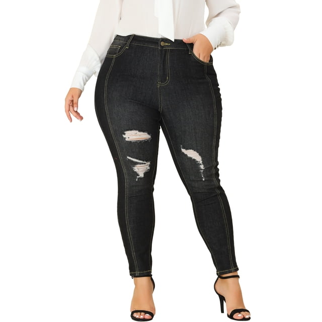 Unique Bargains Women's Plus Size Stretch Mid Rise Washed Skinny Jeans Black-Ripped 1X