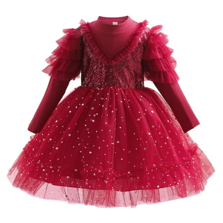 

AIMAOMI Child Girls Long Sleeve Ruffles Lace Pageant Dress New Year Party Kids Paillette Tulle Gown Princess Dress H