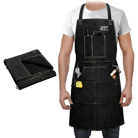 Leather Work Apron 24" X 36", ARCCAPTAIN Heat Flame Resistant Cowhide Blacksmith Aprons with 6 Tool Pockets for Welders Men Women, Adjustable M to XXXL-Black