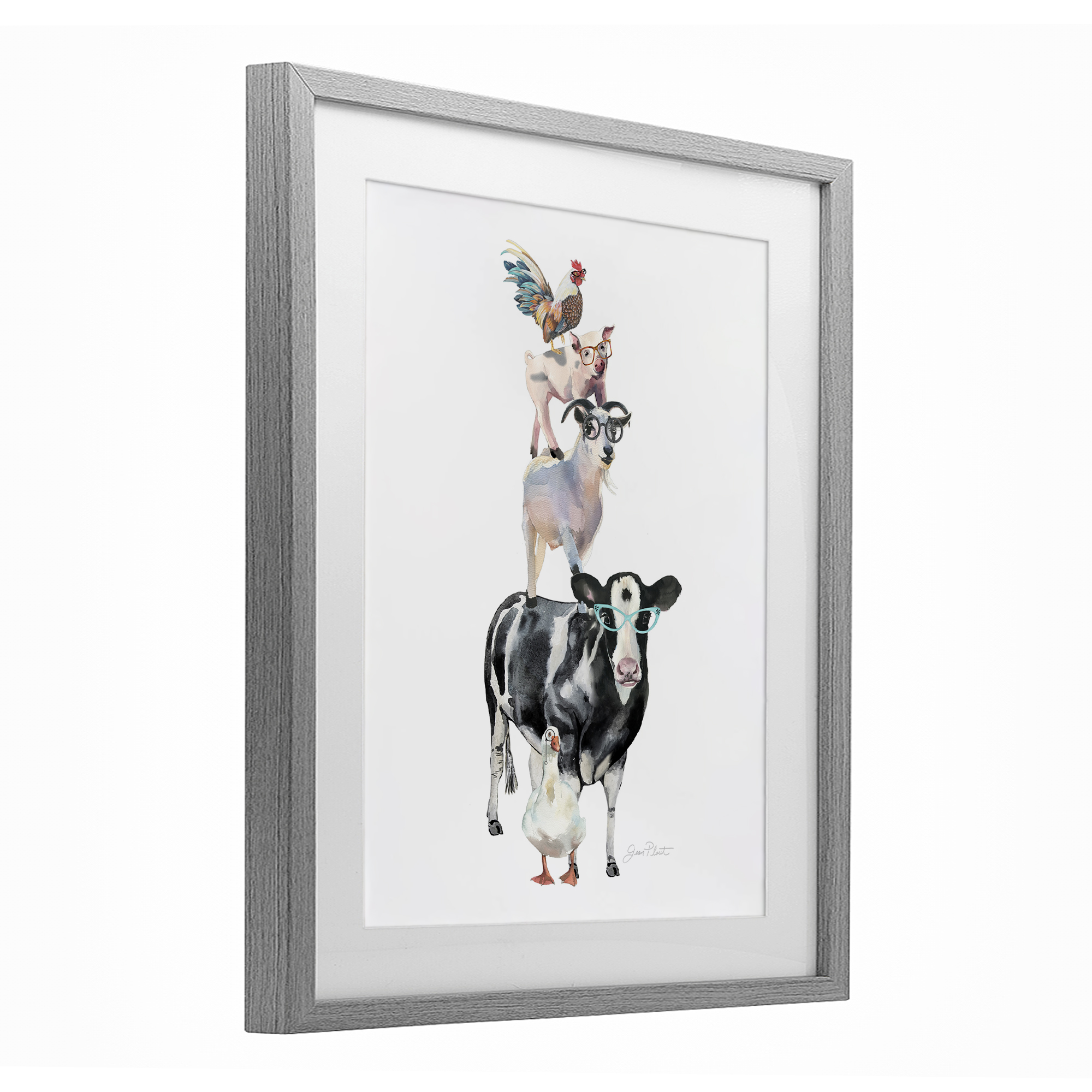 Farm Animal Family Gray Framed Print Under Glass, design by Jean Plout