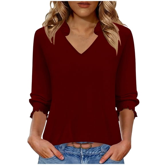 Cilsoka 3/4 Length Sleeve Shirts for Womens Dressy Casual Scalloped Trim V Neck Tunic Soft Basic Tees Business Work Blouses