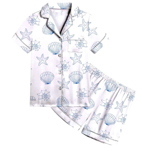 Gaexia Cute Pjs for Girls Preppy Kids Silk Pajamas Short Sleeve Shirts and Short Pants 2 Piece Pajama Set (Teens, White, 12-13 Years)