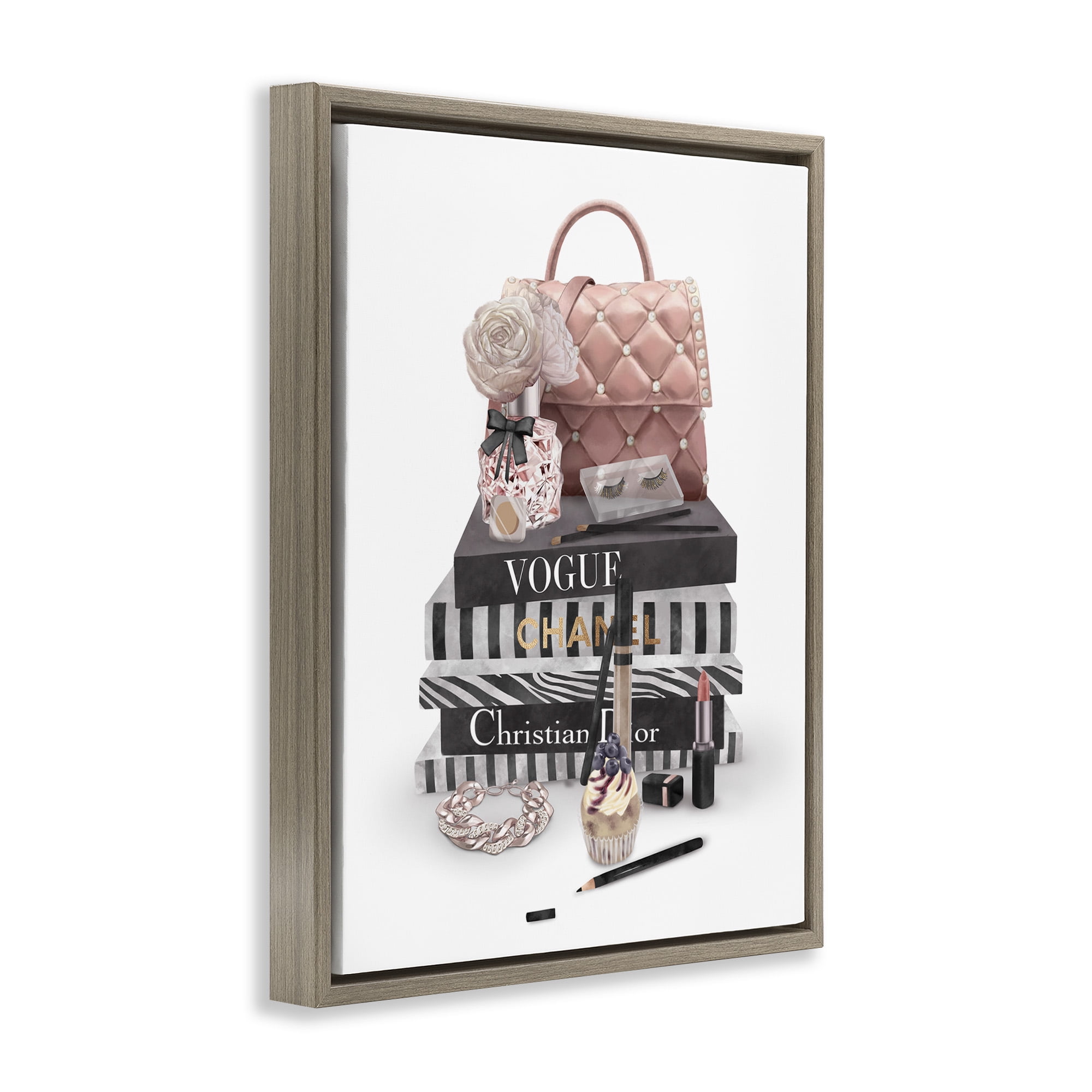 Stupell Industries Fashion Bookstack Accessories Beauty & Fashion Painting Brown Floater Framed Canvas Art Print Wall Art, 25 x 31