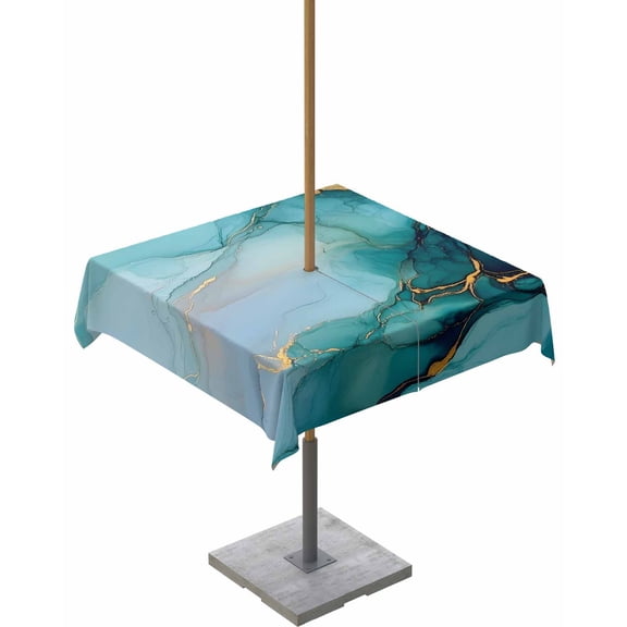 Hokiten Outdoor Tablecloths with Umbrella Hole & Zipper, Turquoise Gold Marble 60x60 Inch Square Tablecloths, Abstract Simple Geometric Waterproof Table Cloth, Patio/Pool/Picnic Table Covers