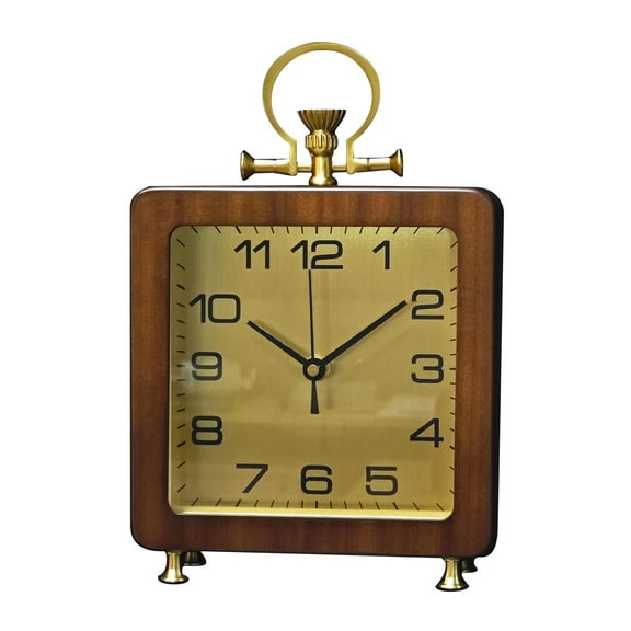 Vintage Square Wooden Desk Clock with Brass Trim, Golden Dial, Silent Non-Ticking Quartz Movement, Retro Tabletop Clock for Bedroom, Living Room, Office, Perfect Gift, Battery Operated