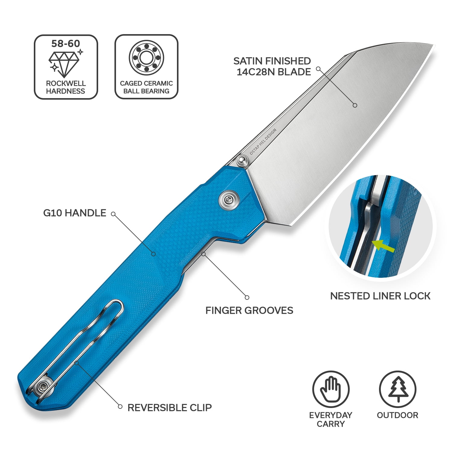 CIVIVI Hid Folding Pocket Knife, 4.14" Swedish 14C28N Blade G10 Handle Nested Liner Lock Kitchen Knife with Thumb Stud Opener, Ideal for Outdoor Use Camping Hiking and EDC C23008-5, Blue