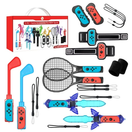 2023 Switch Sports Accessories Bundle - 12 in 1 Accessories Kit for Nintendo Switch & OLED Games, Golf Culb, JoyPad Grips, Sword, Wrist Wrap, Comfort Leg Strap and Tennis Rackets