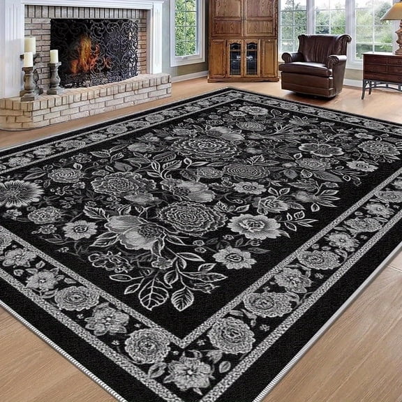 1PC Black and White Floral Area Rug Local Carpet, Lightweight Washable Easy-to-Tidy Carpet Mat Festival Gift, Suitable for Living Room, Bedroom, Dining Room, Office, Balcony, Room Accessones