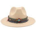 thumbnail image 3 of Clásico estilo étnico de ala plana fedora mujeres hombres británicos jazz viaje al aire libre sombrero de lana caqui simple casual metal metal pluma sombrero de fieltro, 3 of 4