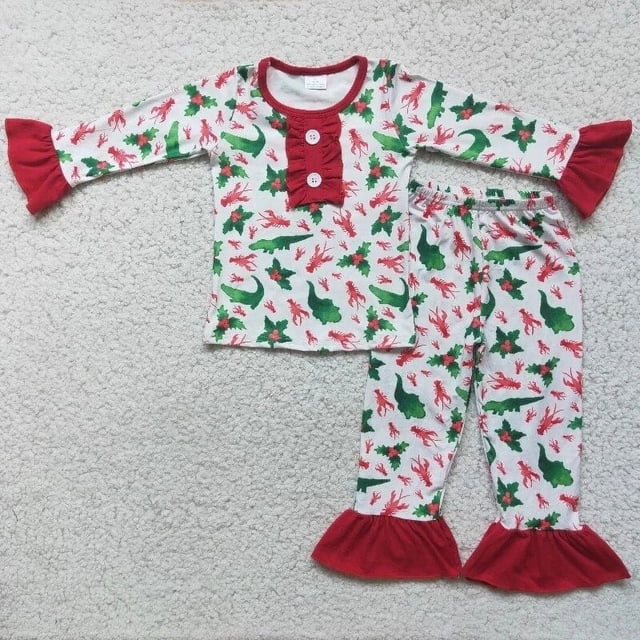 Ropa de invierno para niños, conjunto de ropa de dormir de Navidad, camisa de guitarra de Papá Noel, pantalones rojos, pijamas de moda